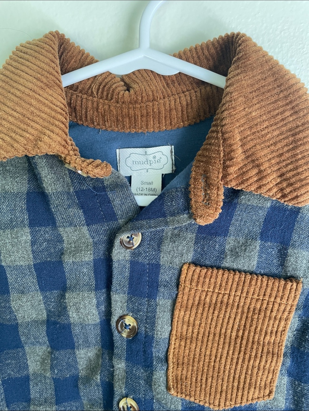Mud Pie Blue Plaid Jacket with Brown Corduroy Trim